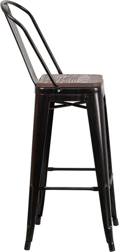 Vista 7 de Merrick Lane Amsterdam Taburete de bar – Silla de bar de metal negro antiguo con asiento de madera – Taburete de cocina con respaldo curvado