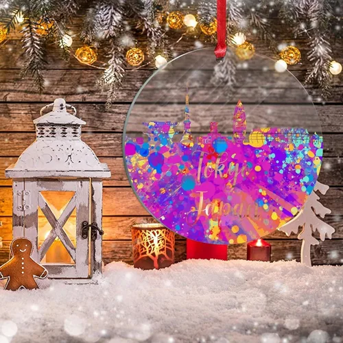 Vista 4 de Adorno de Navidad japonés de Tokio para niños, arte de acuarela japonés, Tokio, paisaje urbano, adorno de Navidad de acrílico colorido de la ciudad