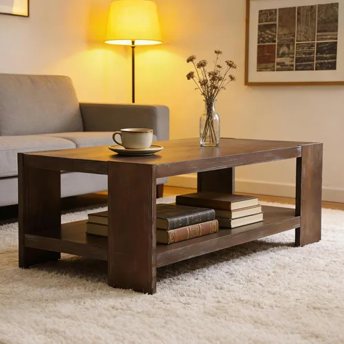 Vista 7 de chairus Mesa auxiliar de 47 pulgadas con almacenamiento de 2 niveles, mesa central rectangular de granja con patas de madera de pino maciza