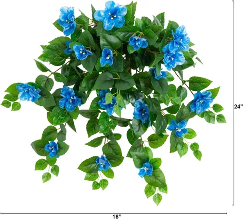 Vista 8 de Nearly Natural Planta colgante de azalea artificial resistente a los rayos UV de 24 pulgadas (interior/exterior), juego de 3 Azul