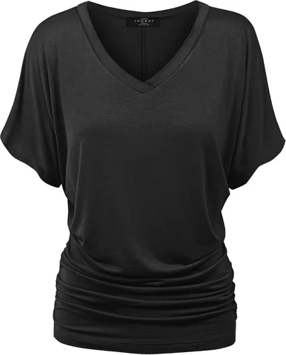 Vista 2 de MBJCamiseta de manga corta para mujer Barco Cuello sólido Shirring Dolman Drape parte superior