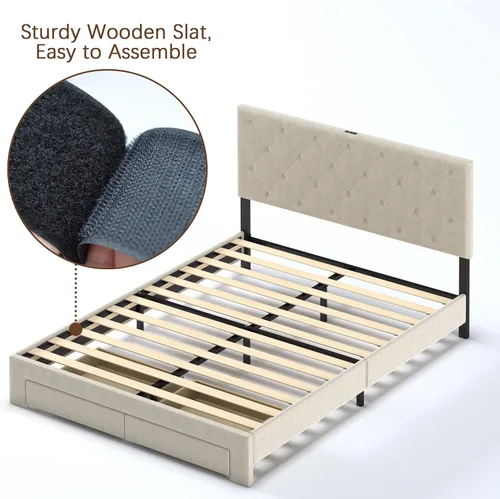 Vista 6 de NSdirect Base de cama tamaño Queen con cajón de almacenamiento, base de cama tapizada de terciopelo con 2 cajones de almacenamiento y estación