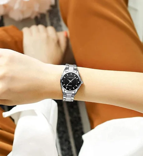 Vista 3 de Relojes para mujeres, cuarzo analógico, plateados, de acero inoxidable, luminosos, impermeables, reloj de vestir para damas negro (021 Black)