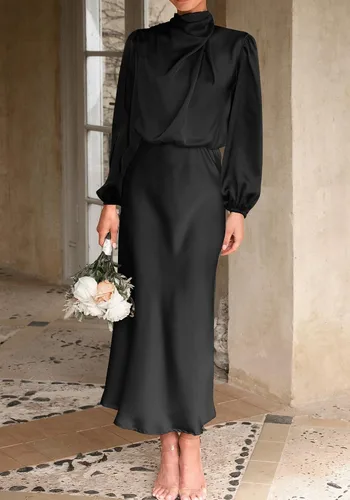 Vista 7 de BTFBM Vestido de satén con cuello alto falso para mujer, para primavera y verano, manga larga, ligero, formal, para boda, fiesta, maxi vestidos
