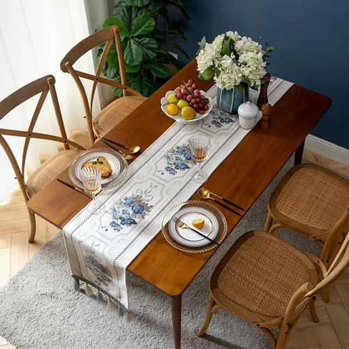 Vista 2 de Camino de mesa de lujo bordado, largo camino de mesa de comedor, elegante bufanda de jacquard con borlas múltiples para decoración de mesa