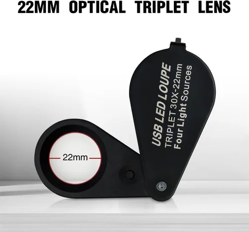 Vista 6 de Lupa iluminada de metal completo de 30X con cuatro modos de iluminación, plegable de bolsillo, lupa de ojo de 0.866 in, triplete, lente de mano 30x