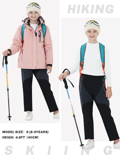 Vista 6 de MoFiz Pantalones de esquí de nieve impermeables para niños, pantalones de snowboard de forro polar cálido para niñas, cintura elástica, pantalones