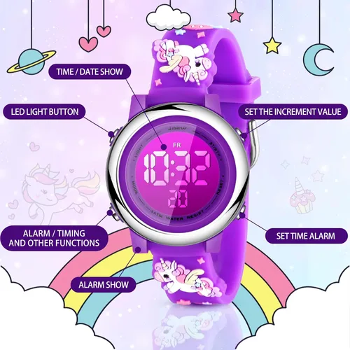 Vista 2 de 3 Pieces Kids Unicorn Watch and Unicorn Bracelet Waterproof Toddler Digital Watch Light Watch with Alarm Stopwatch Unicorn Christmas Valentine Day