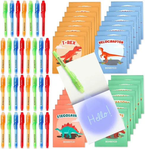 Vista 16 de BONNYCO - Bolígrafo de tinta invisible y cuaderno; paquete de 16 unidades de recuerdos de fiesta de dinosaurios para niños; suministros para fiestas