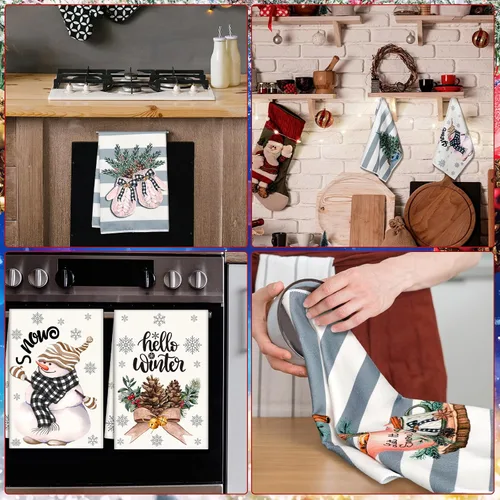 Vista 5 de Sratte 6 piezas de toallas de cocina navideñas, toallas de mano de muñecos de nieve de invierno, toallas absorbentes de árbol de Navidad y renos