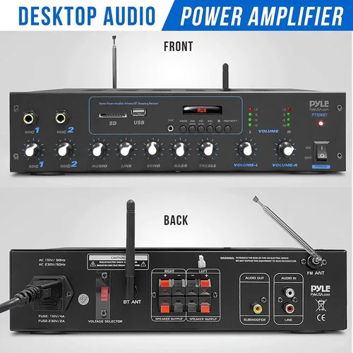 Vista 2 de Pyle Amplificador profesional y receptor Bluetooth sistema de audio estéreo, radio FM, (2) tomas de entrada de micrófono de 1/4 pulgadas