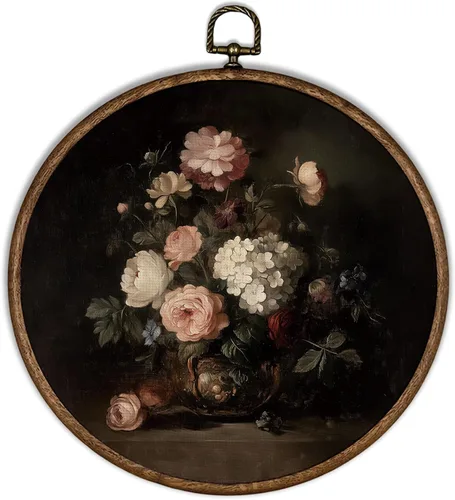 Vista 12 de XBBMGG Dark Academia Moody Arte de Pared Floral, Decoración Colgante de Pared Redonda con Flores Bohemias Oscuras de Otoño, Impresiones en Lienzo