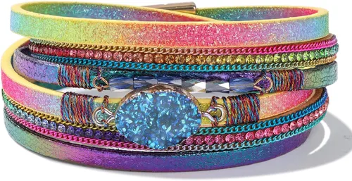 Vista 37 de FANCY SHINY - Pulsera de cuero estilo bohemio, pulsera de cuentas de cristal con cierre magnético, regalos de joyería para mujer