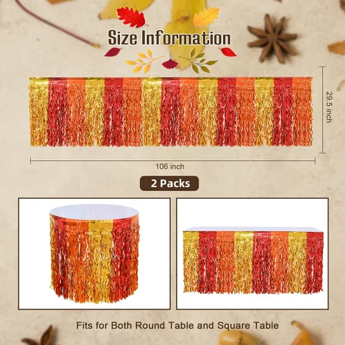 Vista 3 de Decoraciones para fiestas de otoño Mega-L, paquete de 2 faldas de mesa rojas, naranjas y doradas