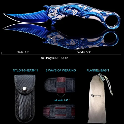 Vista 7 de Cuchillo de bolsillo, 9Cr18Mo BLADE Cuchillo plegable de bolsillo con funda, genial cuchillo EDC de dragón 3D, gran cuchillo de bolsillo de regalo