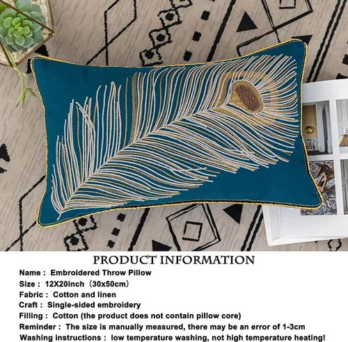 Vista 2 de Fundas de almohada de algodón y lino con plumas de pavo real bordadas, funda de almohada personalizada con cremallera (plumas, 12 x 20 pulgadas)