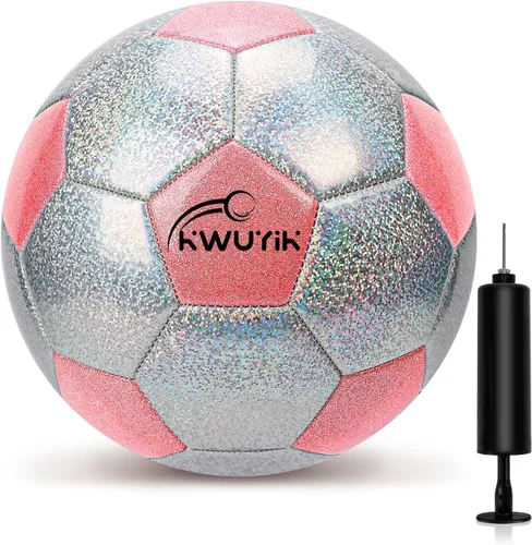 Vista 10 de Balón de fútbol de tamaño 3, 4, 5, con purpurina, rosa, morado, negro y plateado con inflador, pelota de fútbol para niños pequeños de 3 a 6 años, 6