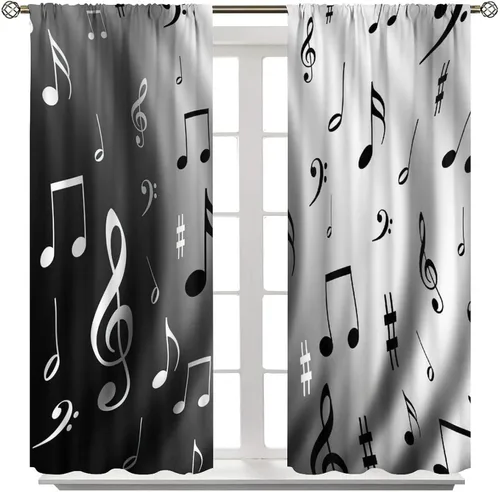 Vista 8 de Cortinas de notas musicales, blanco y negro, instrumento musical, canción, arte de canción, opacas, para ventana, dormitorio, sala de estar