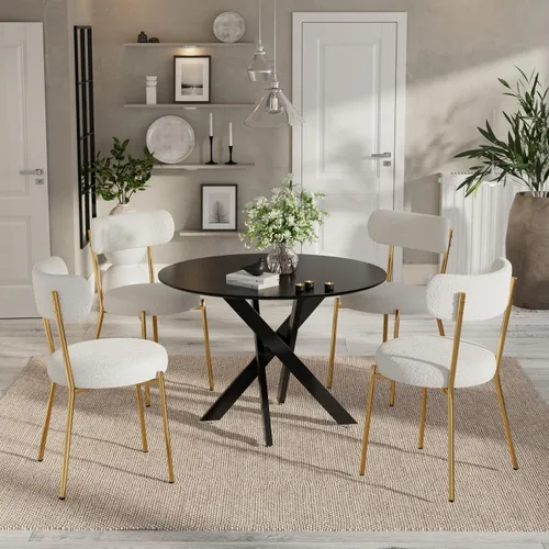 Vista 25 de Moderno juego de mesa de comedor redonda de 3 piezas, mesa de MDF circular negra y 2 sillas de comedor negras Boucle, muebles de cocina con marco