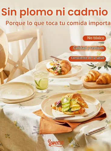 Vista 9 de Sweese - Juego de platos de porcelana de 10 pulgadas, beige, redondos, 6 unidades, para servir ensaladas, resistentes a los arañazos, aptos