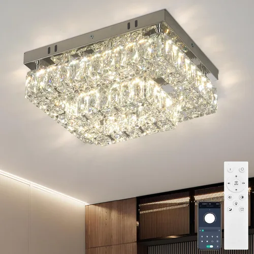 Vista 11 de Finktonglan Lámpara de Techo LED de Cristal Empotrada Moderna, Candelabro Rectangular de Cristal K9 y Acero Inoxidable, 20W Regulable con Control