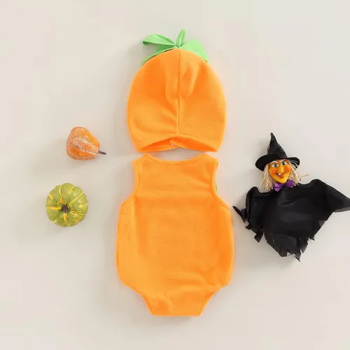 Vista 7 de Conjunto de ropa unisex de Halloween para niños y niñas, 2 piezas de mameluco + sombrero, Naranja