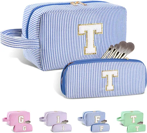 Vista 17 de Bolsa de maquillaje personalizada con inicial A-Z para mujeres, niñas y niños, bolsa de aseo de viaje, bolsa de maquillaje preparada, bolsa