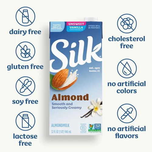 Vista 15 de Silk - Leche de almendras de larga duración, sin endulzar, sin lácteos, vegano, verificado por el Proyecto Non-GMO, 1 cuarto, paquete de 6