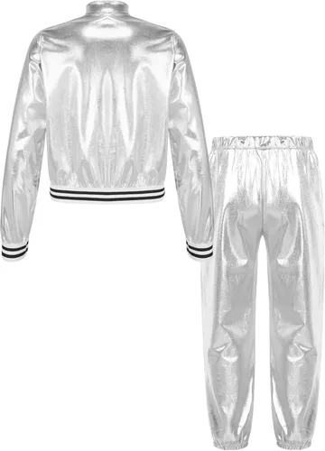 Vista 2 de TiaoBug Disfraz de baile de jazz hip hop para niños y niñas, brillante, metálico, manga larga, chaqueta bomber y pantalones deportivos