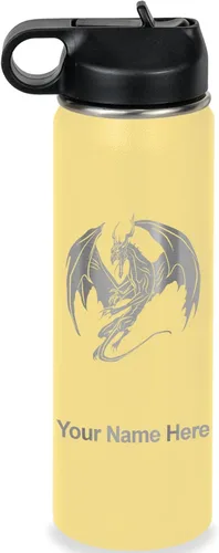 Vista 23 de LaserGram Botella de agua con tapa abatible de doble pared de 12 onzas con pajilla, dragón, grabado personalizado incluido (negro)