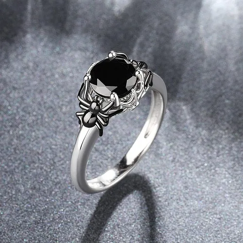Vista 5 de Jeulia Anillo de plata de corte redondo anillo gótico de plata de ley Hug Me araña negra, anillo de moda para aniversario, compromiso, boda