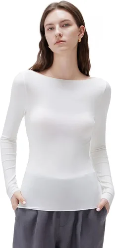 Vista 22 de SUUKSESS - Blusa de manga larga ajustada con cuello barco para mujer, de cachemira como las nubes Negro