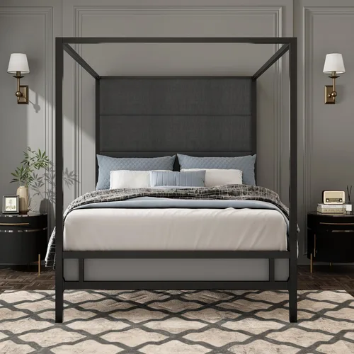 Vista 16 de Cama de Plataforma con Dosel de 4 Postes de Lujo Moderna Tamaño Queen con Cabecera Alta Tapizada en Terciopelo, Marco de Cama de Plataforma