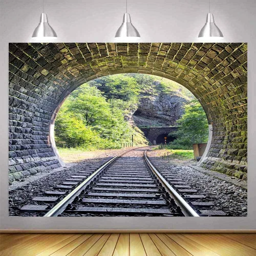 Vista 7 de Telón de fondo de pista de tren de 5 x 3 pies, túnel de montaña, ladrillo vintage, Sunmmer, paisaje, árboles verdes, sol, adulto, hombre, niño