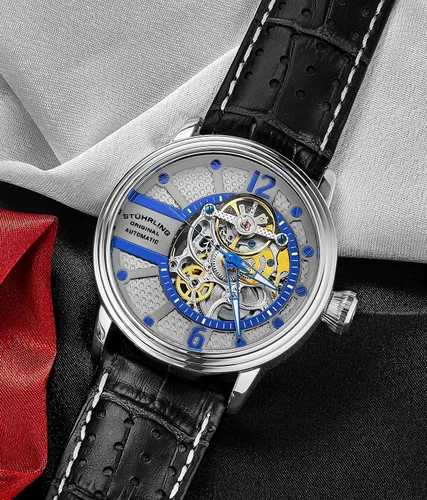 Vista 4 de Stuhrling Original Reloj para hombre Reloj de vestir automático automático Relojes de esqueleto para hombre Correa de reloj de cuero mecánico