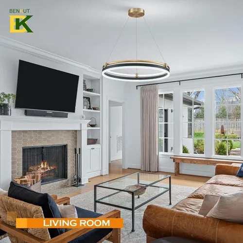 Vista 9 de Benkut Lámpara colgante LED moderna D24 pulgadas, color negro dorado, lámpara LED circular regulable, 1 anillo con control remoto, luz colgante