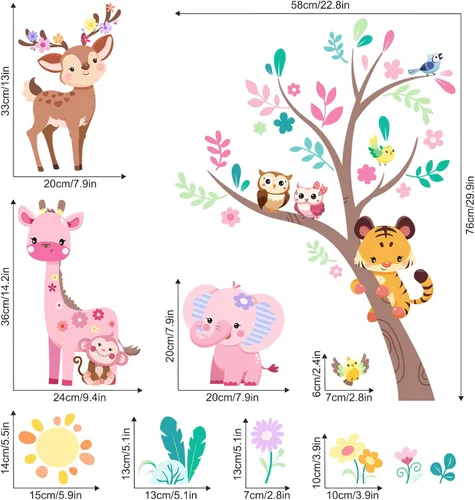 Vista 9 de Supzone Calcomanías de pared de árbol de animales de la selva, elefante rosa, jirafa, calcomanías de pared para niños y niñas, dormitorio, sala