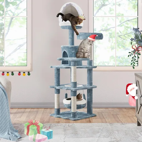 Vista 2 de Yaheetech Árbol para gatos con temática oceánica de 61 pulgadas de alto, torre para gatos de varios niveles con nido en forma de boca de tiburón
