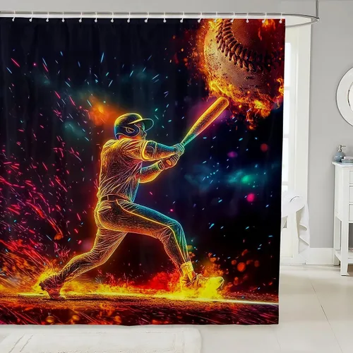Vista 26 de Decorative White Baseball Shower Curtain Waterproof Polyester Fabric,Red Baseball Bat Bath Curtain Home Bathroom Decor Hanging Curtain with Hooks 72