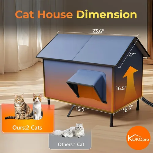 Vista 6 de Casa climatizada para gatos al aire libre - Casas y condominios para gatos Kokopro con almohadilla térmica, casas para gatos con calefacción, 100%