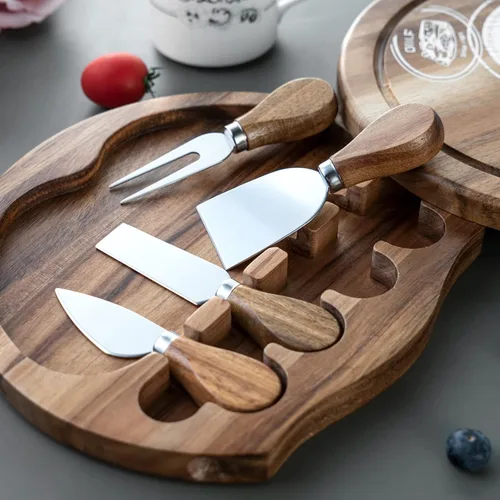 Vista 3 de Juego de tablas de queso de madera de acacia, tabla de charcutería y plato para servir queso con 4 cuchillos de queso de acero inoxidable, ideal