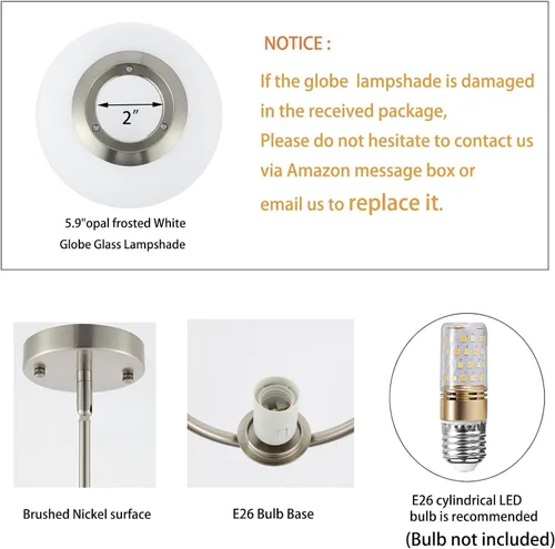 Vista 5 de BYOLIIMA Lámpara Colgante Moderna de Globo Níquel Cepillado Candelabro 1-Luz Mediados de Siglo Luminaria Colgante de Techo Pantallas de Vidrio