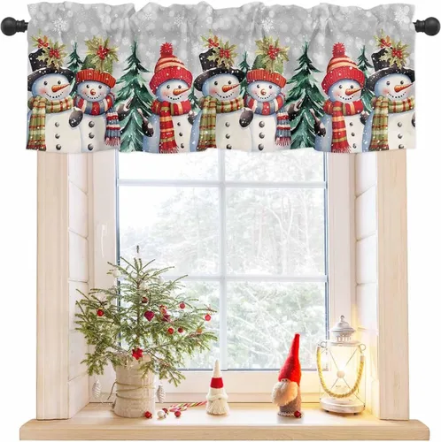 Vista 9 de Cenefa de Navidad para ventanas, cortinas de muñeco de nieve, cenefas con bolsillo para barra, tratamientos de ventana, cortinas cortas azules
