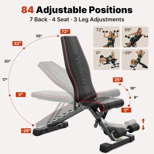 Vista 4 de YOLEO Adjustable Weight Bench for Home Gym, ASTM-Certified 827LBS, 98% Pre-Assembled, Foldable Gym Bench with 84 Positions Incline Decline Flat