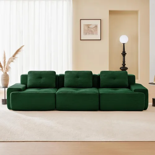 Vista 3 de Sofá Moderno Comprimido Sin Estructura de 117", Sofás Seccionales de 3 Plazas para Sala de Estar, Sofá Seccional Modular de Pana Verde Nube, Espuma