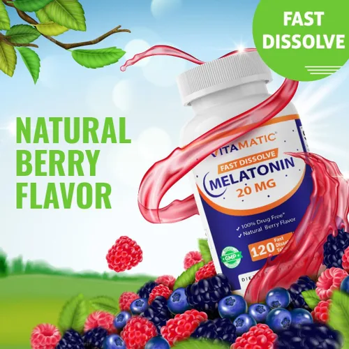 Vista 7 de Vitamatic Tabletas de melatonina de 20 mg – Sabor natural a bayas – 120 tabletas vegetarianas por botella – 6 botellas (total 720)