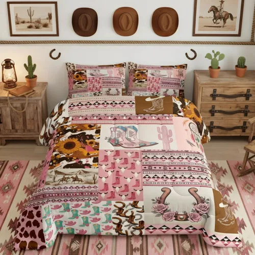 Vista 37 de Ropa de cama con estampado de vaca marrón tamaño individual, juego de edredón rústico de piel de vaca con calavera de vaca, relleno de edredón