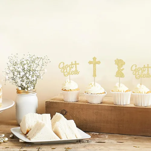 Vista 4 de Gyufise 24 decoraciones doradas para cupcakes con purpurina de Dios bendiga y cruz para baby shower, decoración para baby shower, fiesta