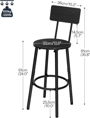 Vista 3 de HOOBRO Taburetes de bar, juego de 2 taburetes de bar redondos con respaldo, sillas de bar de 25.2 pulgadas para isla de cocina, comedor, taburetes