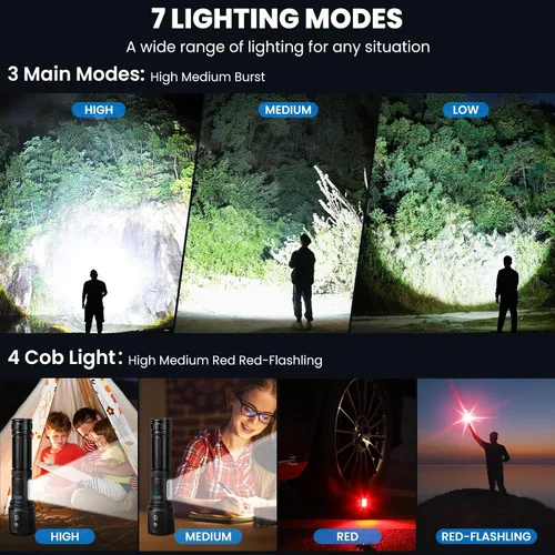 Vista 5 de Linterna recargable de 990,000 lúmenes altos, paquete de 3 luces LED con 5 modos, linterna de mano impermeable para campamento, hogar, exterior (2)